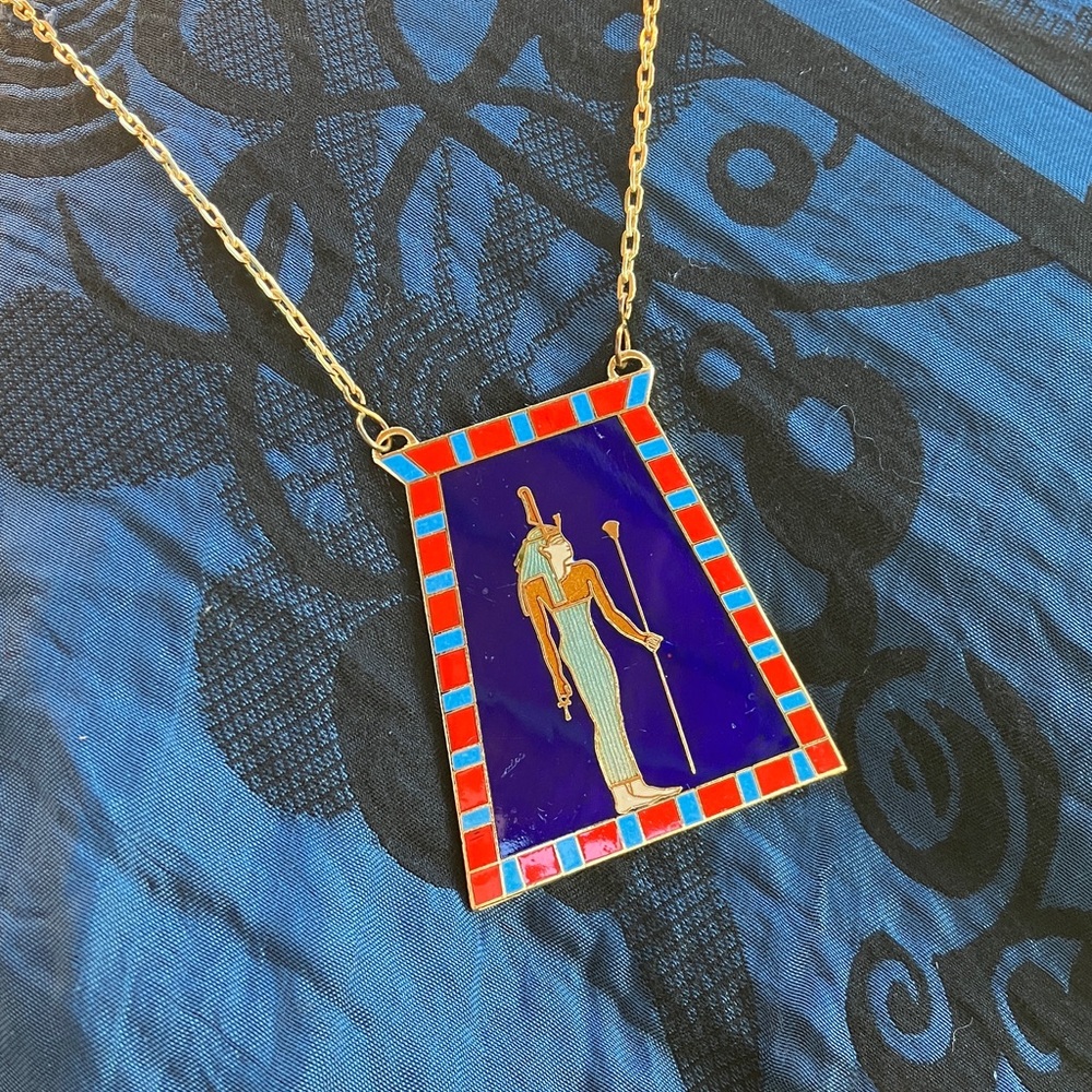 Vintage Egyptian inspired revival necklace pendant Egyptian goddess cloisonne